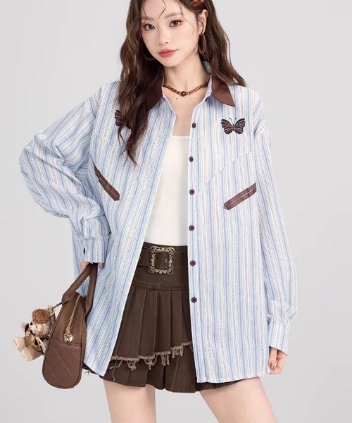 AsheKsha tシャツ ブルーストライプシャツ レディース