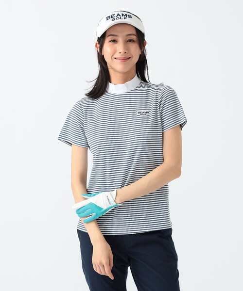 トレーナー スウェット PURPLE LABEL / 細ボーダー 半袖 モックネック シャツ レディース