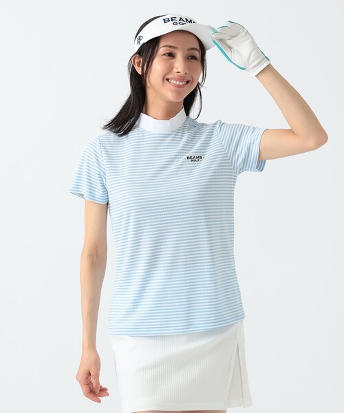 トレーナー スウェット PURPLE LABEL / 細ボーダー 半袖 モックネック シャツ レディース BEAMS GOLF トレーナー スウェット PURPLE LABEL / 細ボーダー