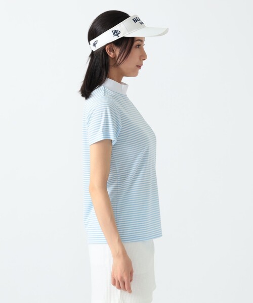 トレーナー スウェット PURPLE LABEL / 細ボーダー 半袖 モックネック シャツ レディース BEAMS GOLF トレーナー スウェット PURPLE LABEL / 細ボーダー