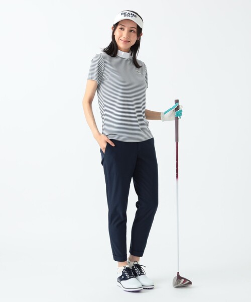 トレーナー スウェット PURPLE LABEL / 細ボーダー 半袖 モックネック シャツ レディース BEAMS GOLF トレーナー スウェット PURPLE LABEL / 細ボーダー