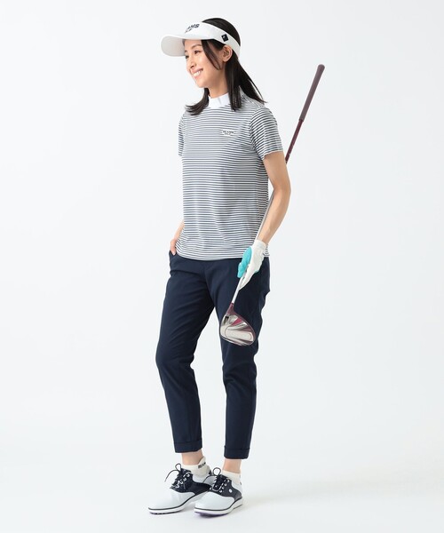 トレーナー スウェット PURPLE LABEL / 細ボーダー 半袖 モックネック シャツ レディース BEAMS GOLF トレーナー スウェット PURPLE LABEL / 細ボーダー