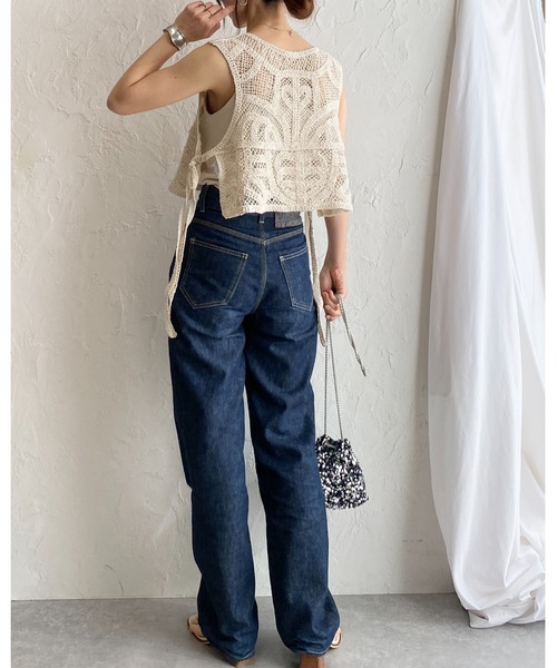 She's Closet ベスト ジレ ショート丈サイドリボン深Vネックかぎ