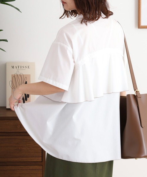 ブラウス シャツ EGLANTINE ノーカラーバックフレアブラウス ゆったりシルエット レディース EGLANTINE ブラウス シャツ ノーカラーバックフレアブラウス