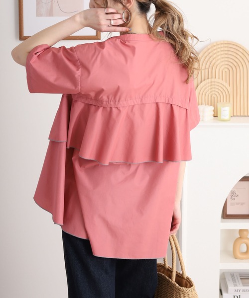 ブラウス シャツ EGLANTINE ノーカラーバックフレアブラウス ゆったりシルエット レディース