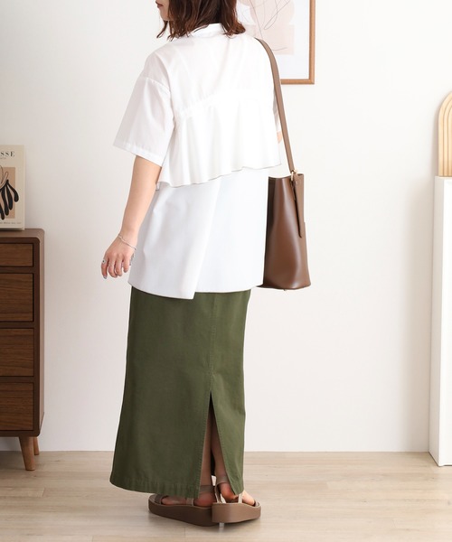 EGLANTINE ブラウス シャツ ノーカラーバックフレアブラウス