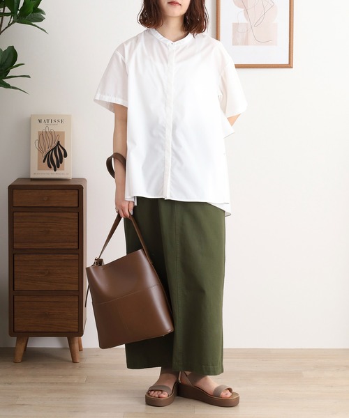 ブラウス シャツ EGLANTINE ノーカラーバックフレアブラウス ゆったりシルエット レディース EGLANTINE ブラウス シャツ ノーカラーバックフレアブラウス