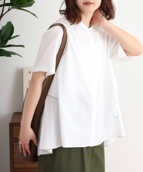 ブラウス シャツ EGLANTINE ノーカラーバックフレアブラウス ゆったりシルエット レディース EGLANTINE ブラウス シャツ ノーカラーバックフレアブラウス