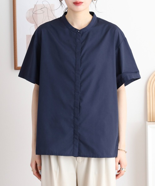 ブラウス シャツ EGLANTINE ノーカラーバックフレアブラウス ゆったりシルエット レディース EGLANTINE ブラウス シャツ ノーカラーバックフレアブラウス
