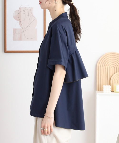 ブラウス シャツ EGLANTINE ノーカラーバックフレアブラウス ゆったりシルエット レディース EGLANTINE ブラウス シャツ ノーカラーバックフレアブラウス