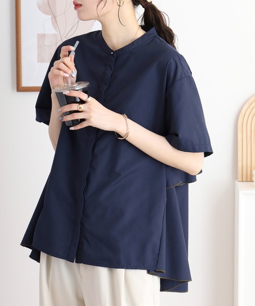 ブラウス シャツ EGLANTINE ノーカラーバックフレアブラウス ゆったりシルエット レディース EGLANTINE ブラウス シャツ ノーカラーバックフレアブラウス