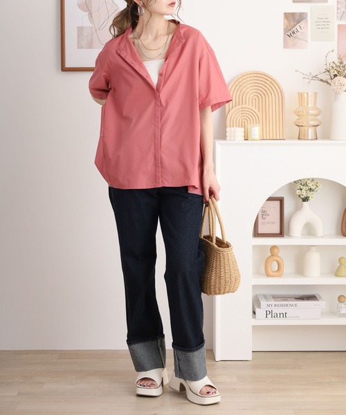 ブラウス シャツ EGLANTINE ノーカラーバックフレアブラウス ゆったりシルエット レディース EGLANTINE ブラウス シャツ ノーカラーバックフレアブラウス