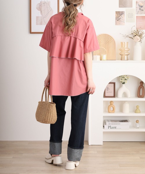 EGLANTINE ブラウス シャツ ノーカラーバックフレアブラウス