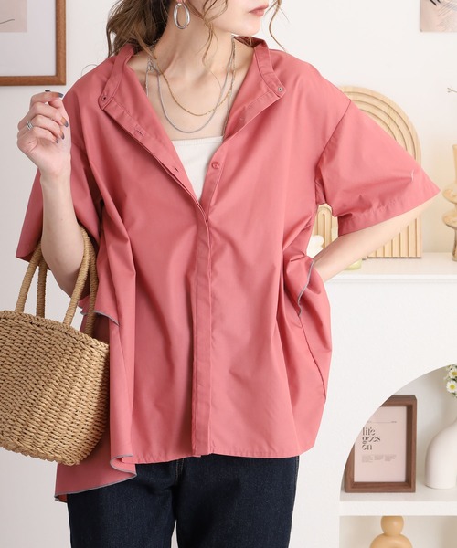 ブラウス シャツ EGLANTINE ノーカラーバックフレアブラウス ゆったりシルエット レディース EGLANTINE ブラウス シャツ ノーカラーバックフレアブラウス