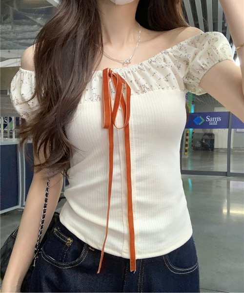 tシャツ オフショルダードッキングリボントップス レディース