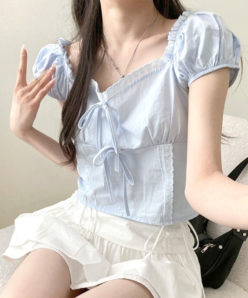胸りぼんフリルセクシートップス Riff（リフ） ブラウス シャツ 夏 半袖 胸リボンフリルトップス