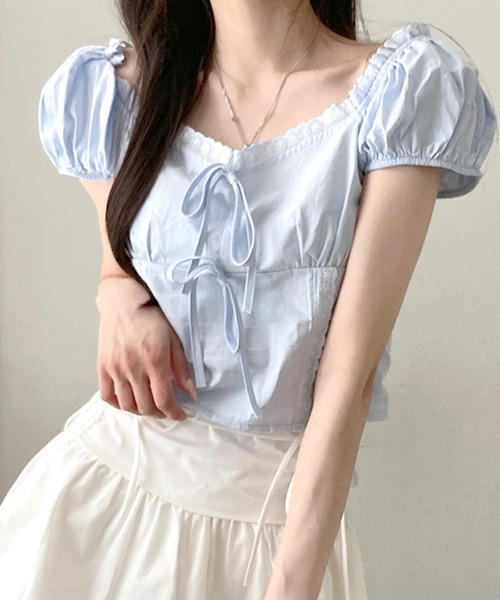 リボン♡フリル♪パフスリーブ♡ 袖口リボン付きパフスリーブブラウス