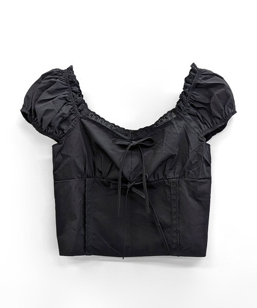 美品♡ ヘイブ 半袖 春夏 クロスラッフルトップ カットソー ブラウス 黒 Riff（リフ） ブラウス シャツ 夏 半袖 胸リボンフリルトップス