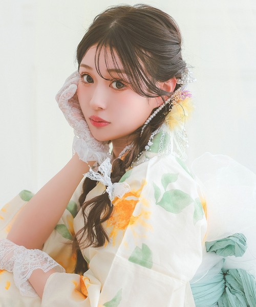 浴衣　フルセット　ヘアアクセサリー付き しだれフラワー×メッシュレースヘアアクセサリー4点セット 浴衣