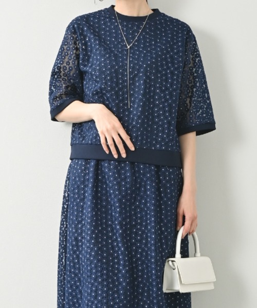 ★美品★ ERMANNO SCERVINO ブルー 花柄レース 半袖Tシャツ tシャツ 半袖 フラワーデザインブライトレースリブコンビプルオーバー