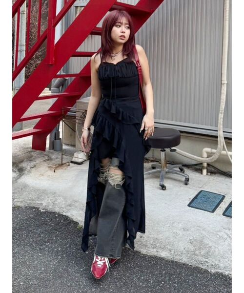 EVRIS ワンピース ギャザーアシンメトリーロングワンピース