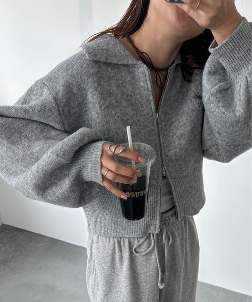 PILIT カーディガン ダブルジップ ボリュームスリーブ衿付き