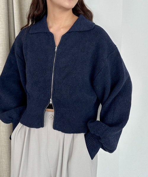 PILIT カーディガン ダブルジップ ボリュームスリーブ衿付き