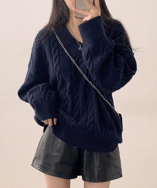 ニット セーター ケーブル編みVネックニット レディース : ZOZOTOWN 