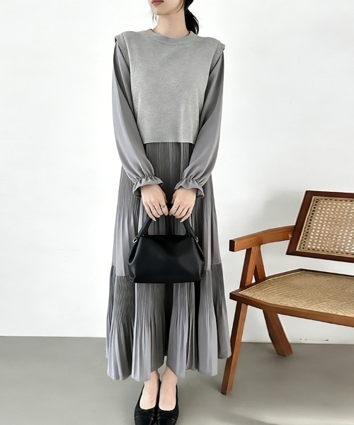 ワンピース プリーツワンピース×バックリボンベストセット : ZOZOTOWN