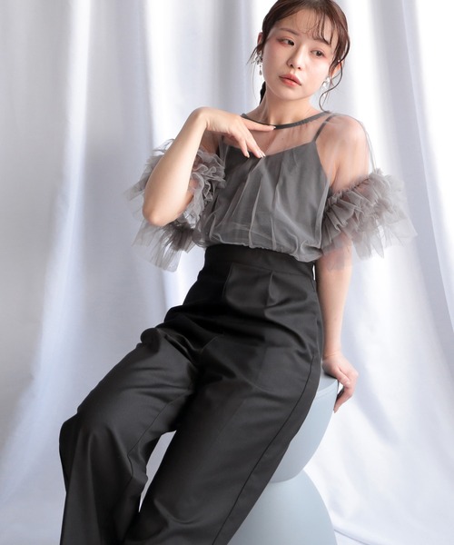パンツドレス フリルチュールパンツドレス