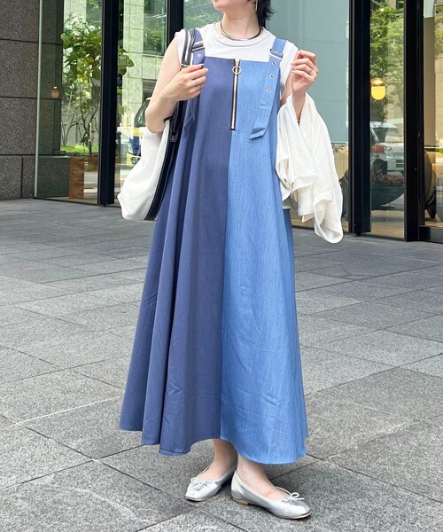 アンタレス HERMES コットンプリント ワンピース 青色 un dix cors（アンディコール） ワンピース バイカラーストラップ