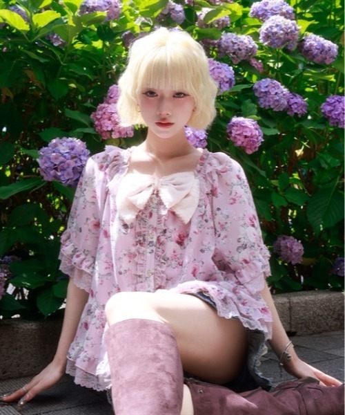 myu：loret（ミュウロレット） ブラウス シャツ 花柄フリルポンチョ 