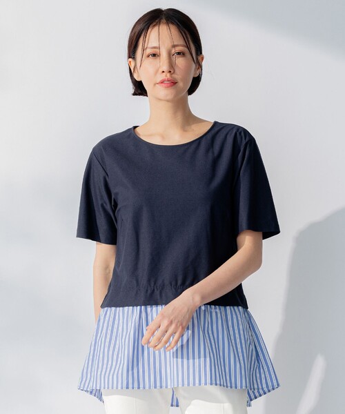 tシャツ 「洗える」コンビネーションシャーティング ペプラムデザイン カットソー レディース 自由区 tシャツ 「洗える」コンビネーションシャーティング