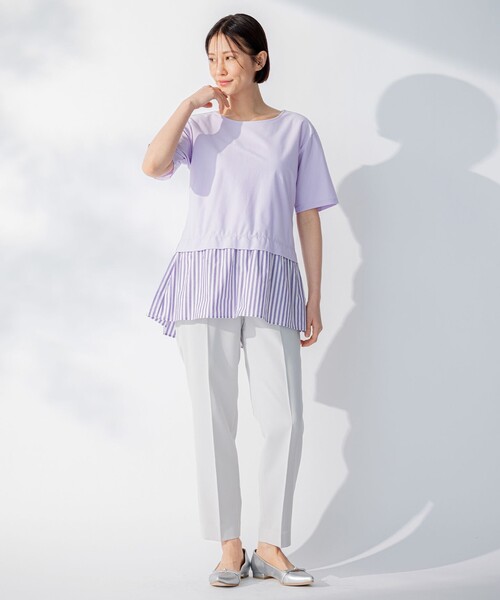 tシャツ 「洗える」コンビネーションシャーティング ペプラムデザイン カットソー レディース 自由区 tシャツ 「洗える」コンビネーションシャーティング