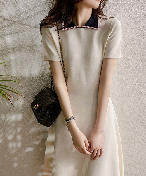 フロントジップ 襟付き ワンピース 半袖 Aライン 無地 シンプル S~XL♡襟付きフロントジップミニワンピース | Pay ID