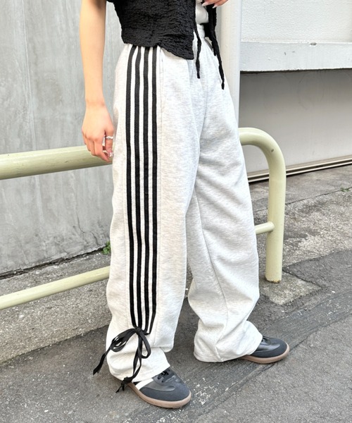 ワイドレッグ スウェットパンツ フィットネス ジャージ サイド CLEA スウェットパンツ ジャージ サイドリボン ラインワイド