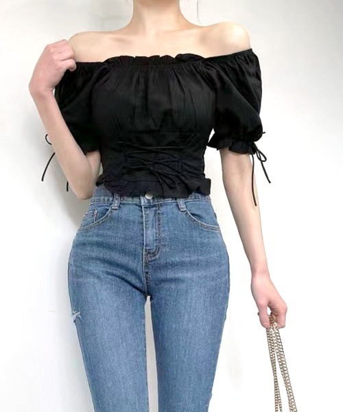 REMUR ブラウス シャツ オフショル可 トレンドのリボンでキュッと