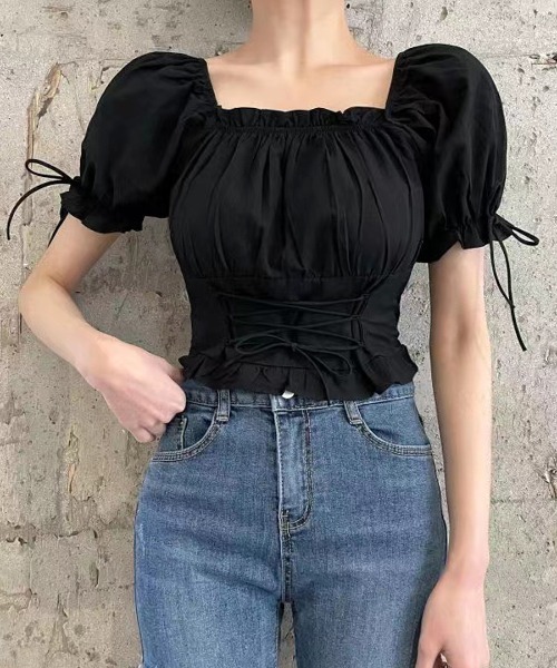 ReAmour リボン付きオフショルダー トップス REMUR ブラウス シャツ オフショル可 トレンドのリボンでキュッと