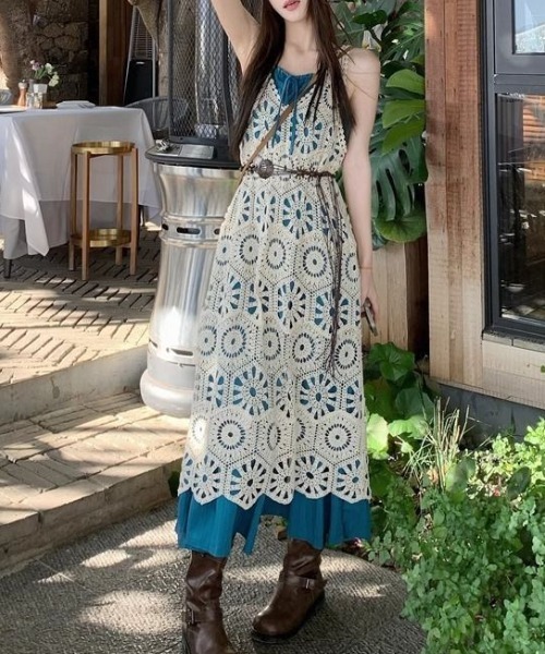 【限定1着】ハンドメイド　レディース　ノースリーブワンピース　リップル♬ M1378 21OEワッフルワンピース(M スミクロ): ワンピース - RNA
