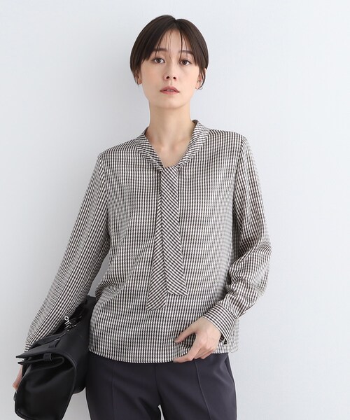 新品・未使用・タグ付き　インディヴィ　ボウタイ　ブラウス　38 M INDIVI｜春SALE!【洗える】ストライプドビー ボウタイブラウス