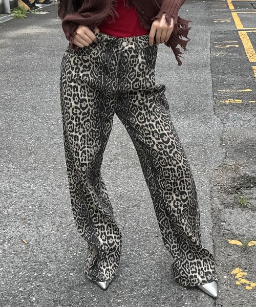◆デニム ジャケット＆パンツ レオパード柄 韓国トレンド SHEENA ジーンズ デニム デニムパンツ レオパード柄ワイドパンツ