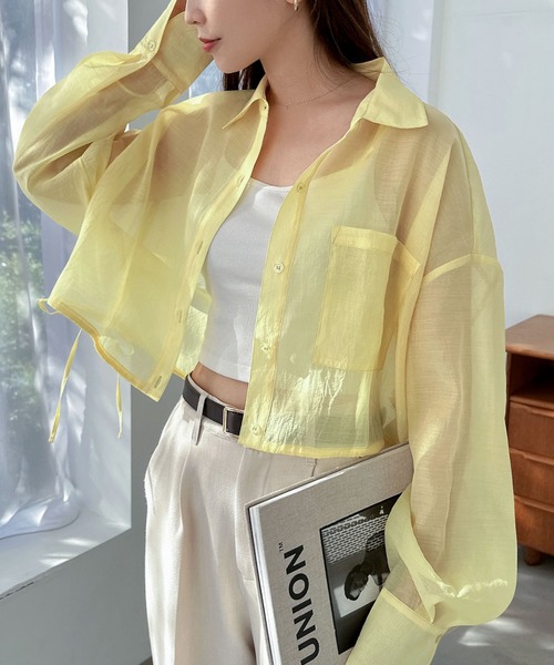 andme（アンドミー） ブラウス シャツ ショート丈シアー裾リボンシャツ