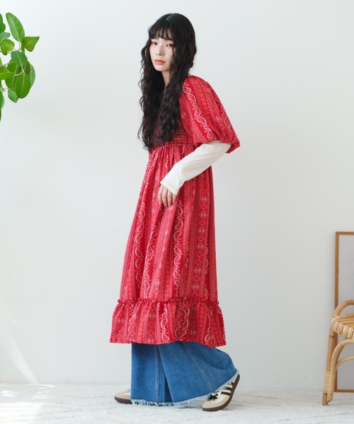 ダーマ　　ペイズリー柄 赤 長袖 ワンピース11号　現行品 USA Fabric Paisley Multi Pattern One Piece | アメリカ製