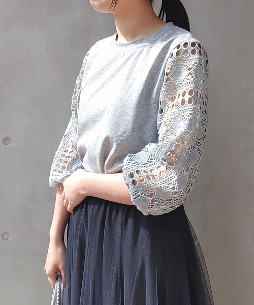 tシャツ 袖レースプルオーバー レディース