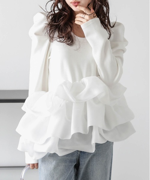 tシャツ バルーンフリルドッキングトップス レディース