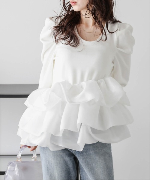tシャツ バルーンフリルドッキングトップス レディース