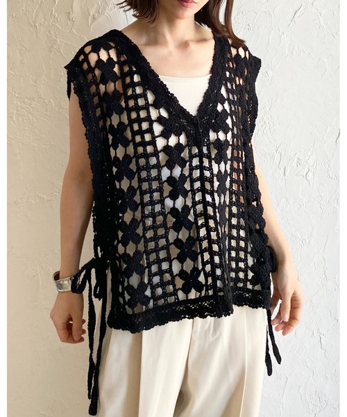 She's Closet ベスト ジレ ロング丈サイドリボン深Vネックかぎ