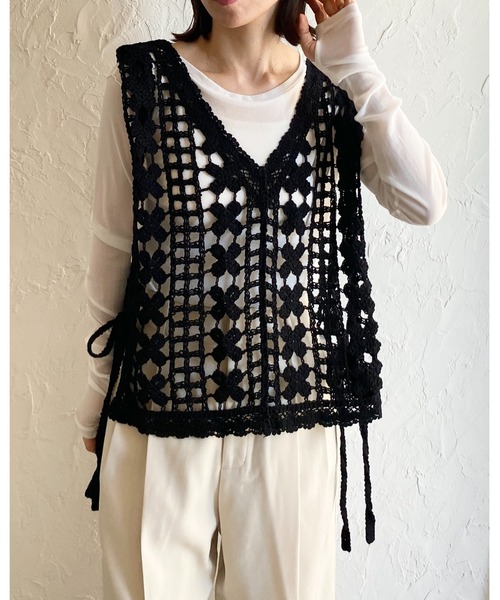 She's Closet ベスト ジレ ロング丈サイドリボン深Vネックかぎ