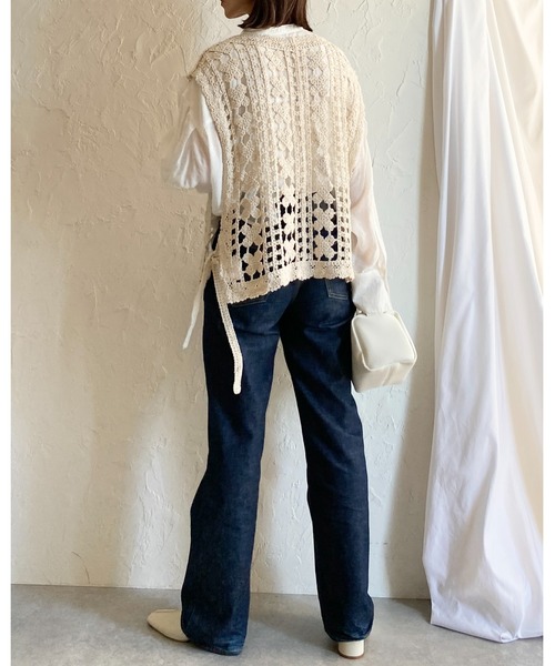 She's Closet ベスト ジレ ロング丈サイドリボン深Vネックかぎ