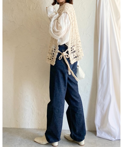 She's Closet ベスト ジレ ロング丈サイドリボン深Vネックかぎ
